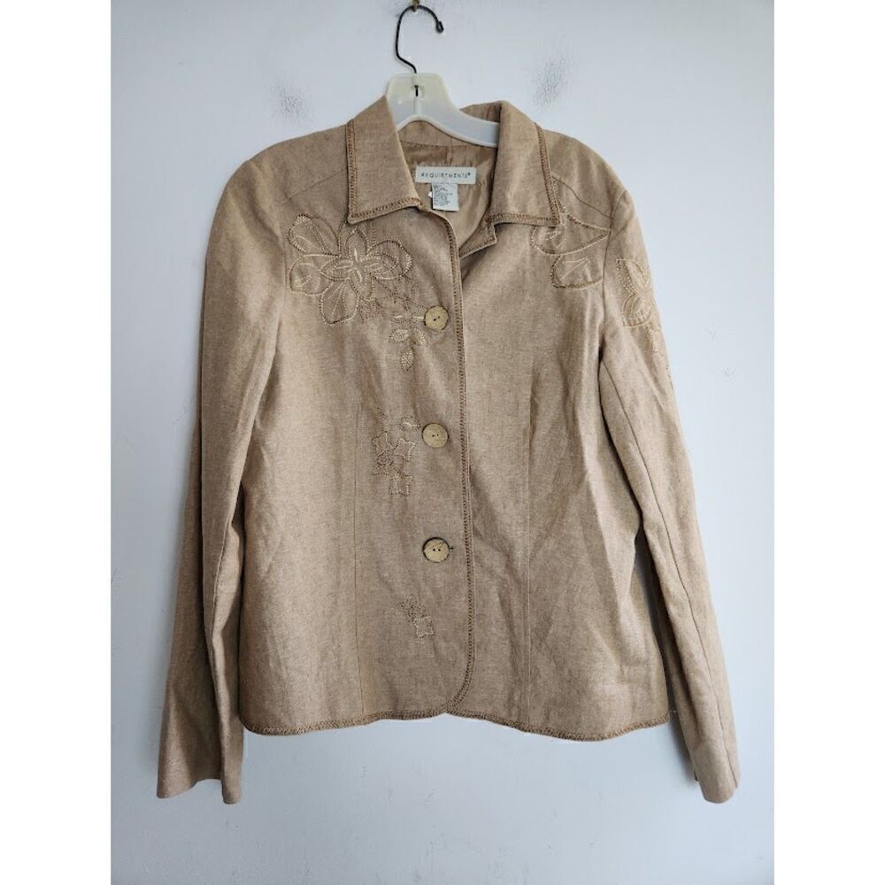 Requirements Women Tan Brown w/Floral Embroidery  Linen Jacket size Medium